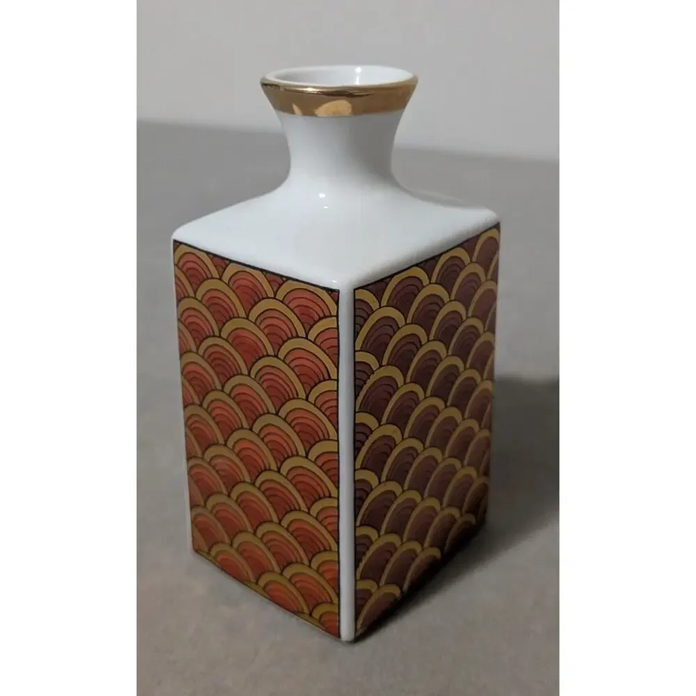 Vtg Otagiri Japan Porcelain Square Bud Vase Blue Kiln Seal Mark Gold Scale 4”